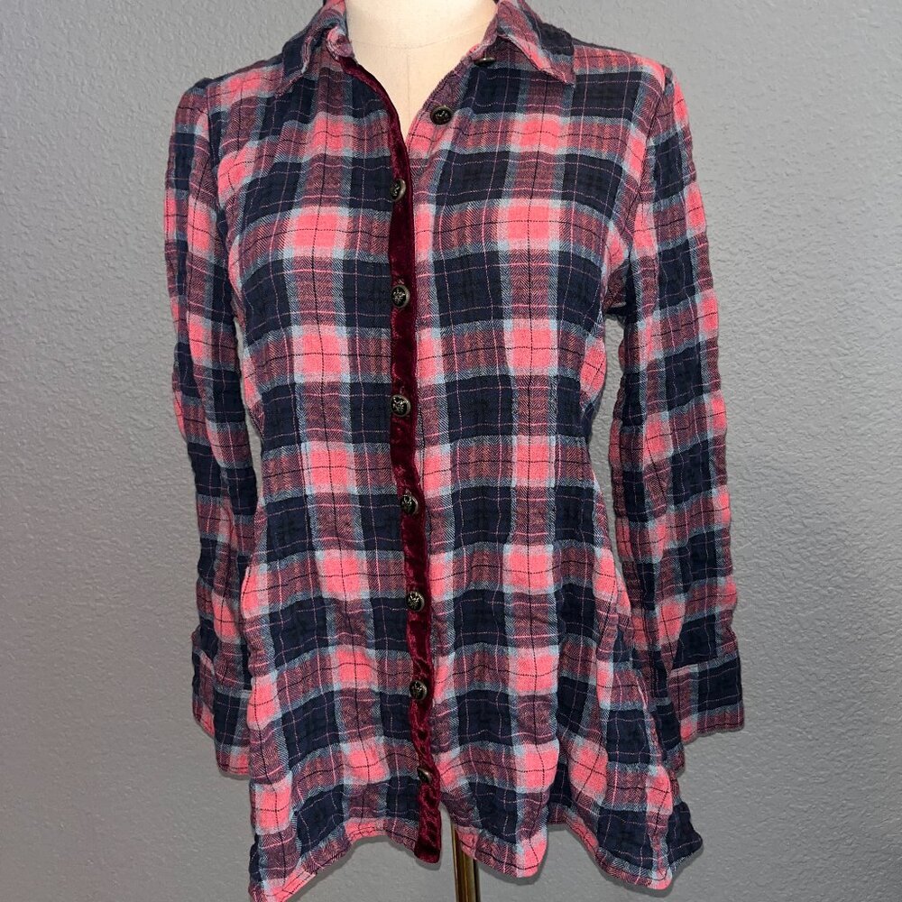 SOFT SURROUNDINGS KENSINGTON RED & BLUE PLAID BURNOUT VELVET TUNIC - VELVET TRIM